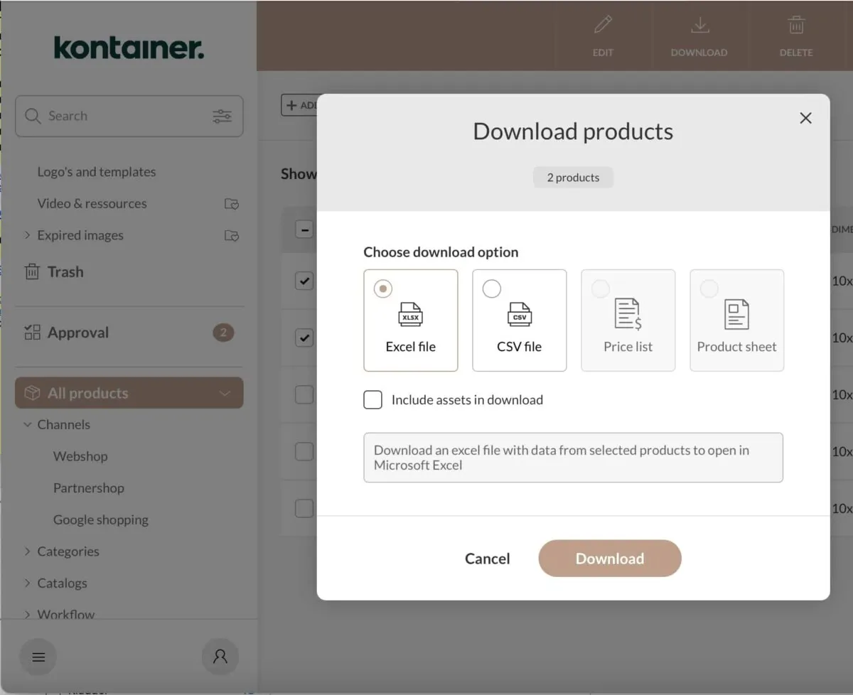 Download alle dine data i det format, du skal bruge fra Kontainer DAM og PIM med brugerdefinerede download skabeloner