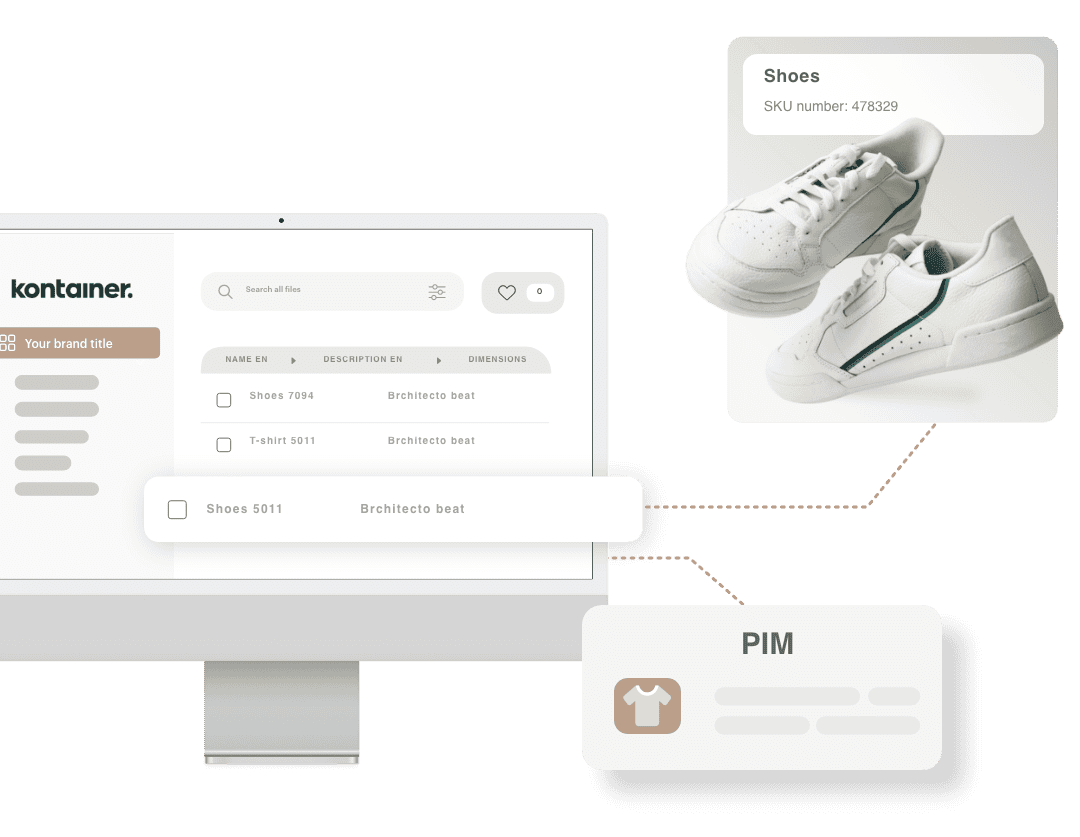 Kontainer PIM graphic showing a pop-out image of a pair of white trainers with the label 