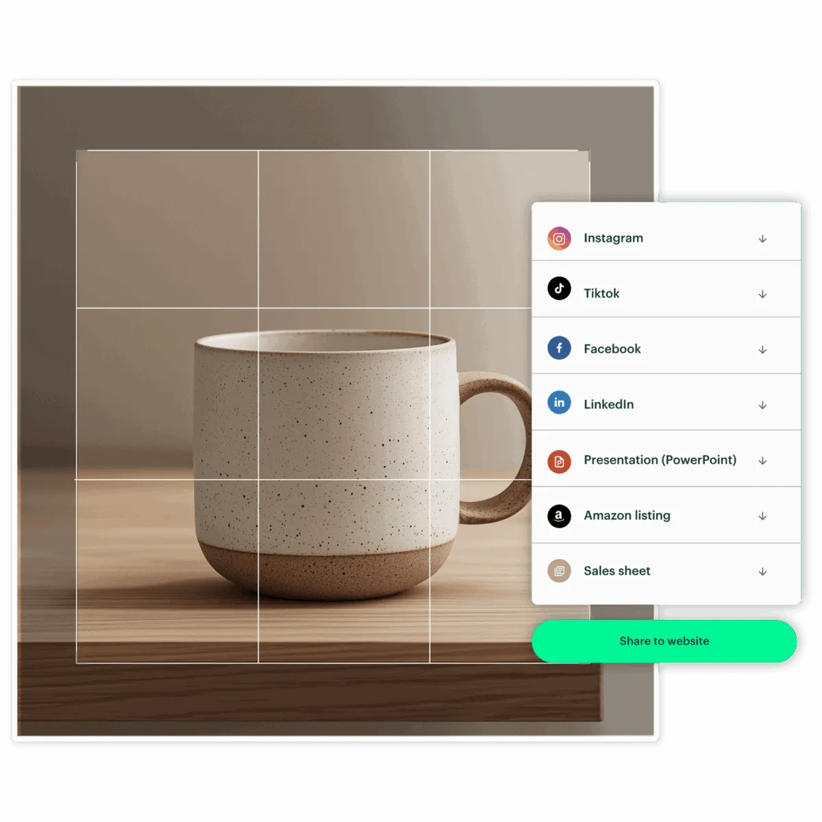 Kontainer-Digital-Asset-Management_DAM_download-and-share A cup with overlay of Kontainer DAM cropping tool and a lost of download option presets