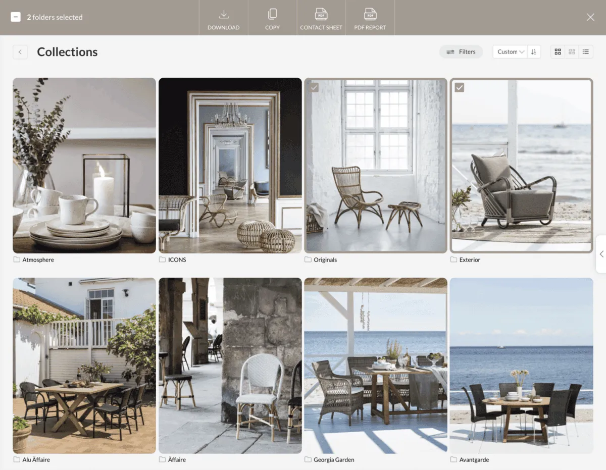 Kontainer_Sika_Collections Oversigt over billedkollektioner med interiør- og møbeldesign i Kontainer Digital Asset Management (DAM) platform.