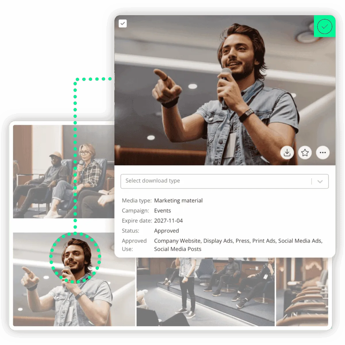 Photo-Consent-Tool_Customizable-module Eksempel på foto-godkendelsesværktøj i Kontainer Digital Asset Management (DAM) platform, der viser medietype, kampagne og brugstilladelser.