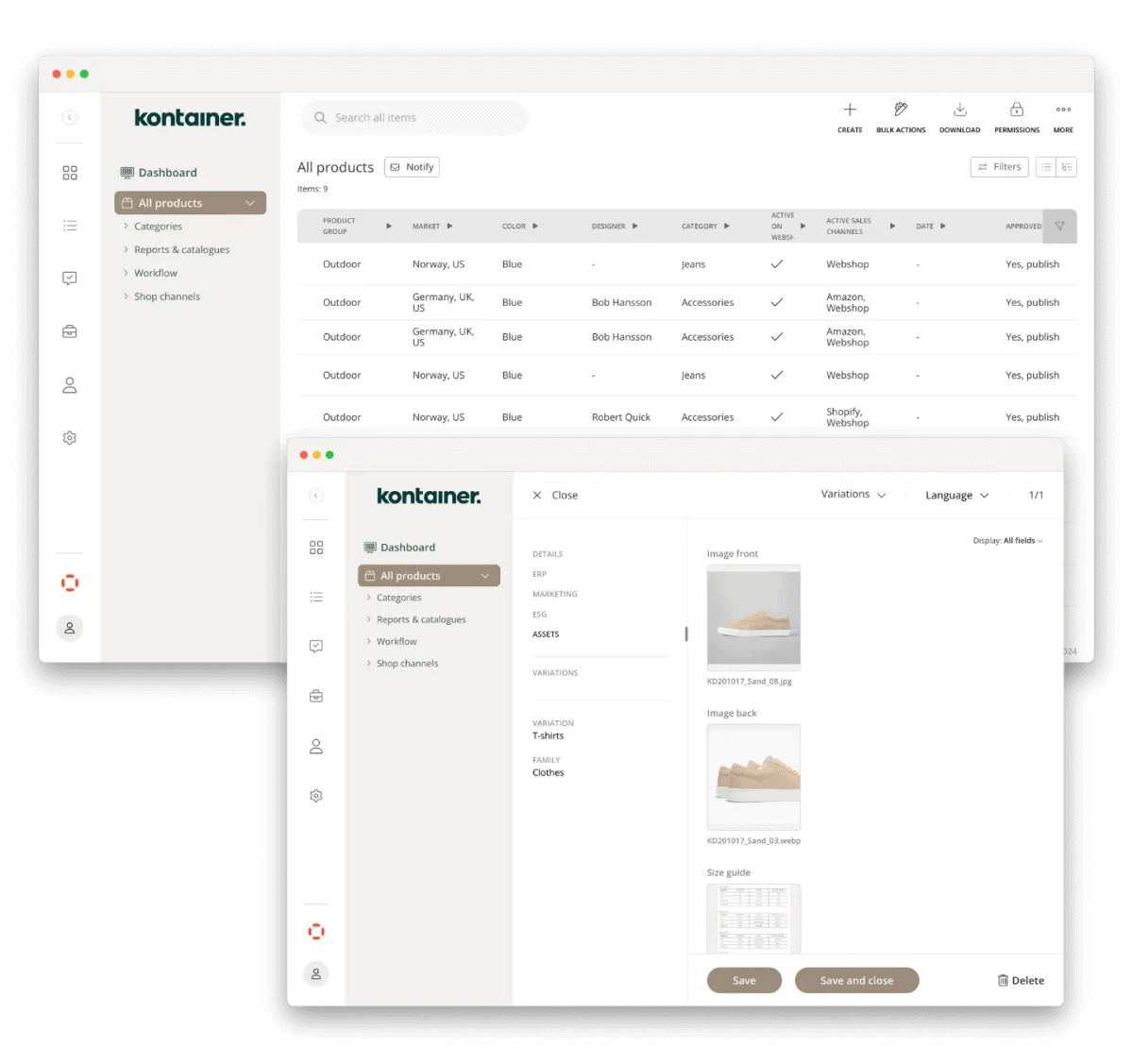 Screenshots from product lists Kontainer's combined PIM and DAM system.