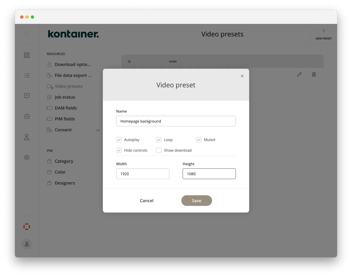 The Kontainer interface is showing the video presets panel.