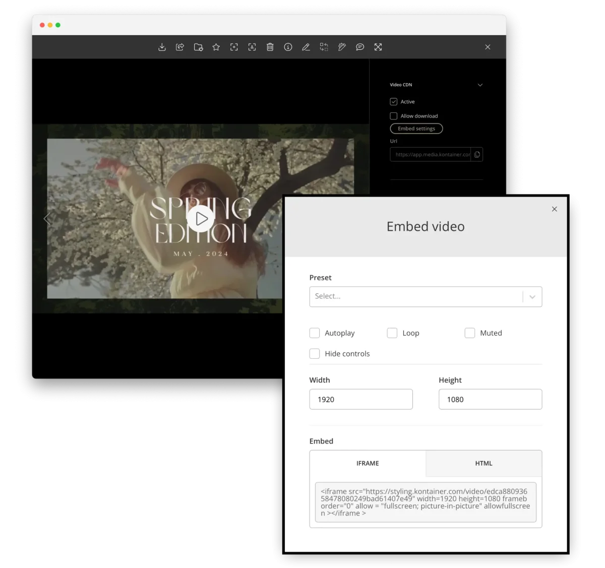 Video file is shown in gallery mode in Kontainer with a pop-up of video streaming settings