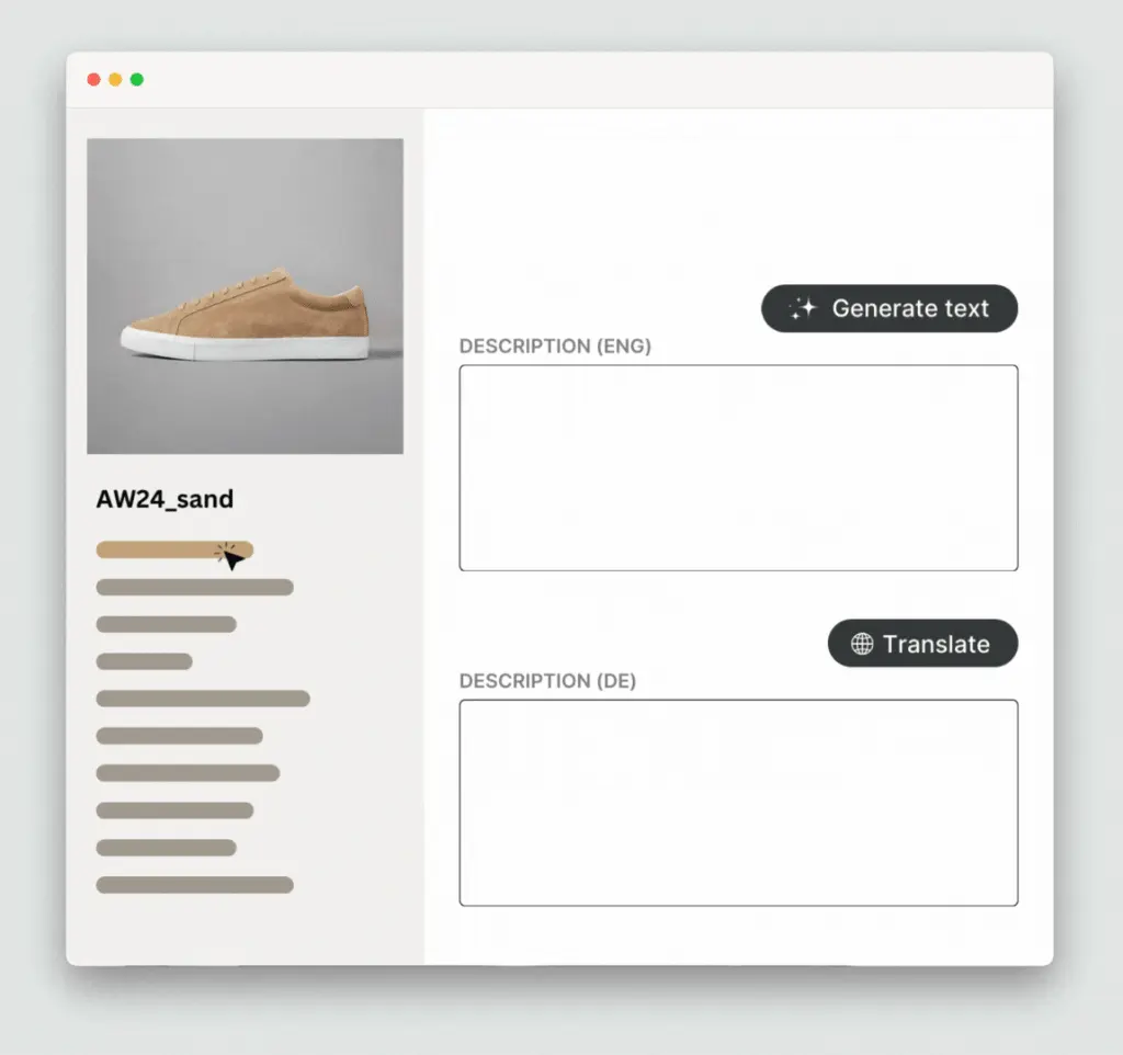 Selecting PIM fields and then generating and translating text using Kontainer PIM's AI tool