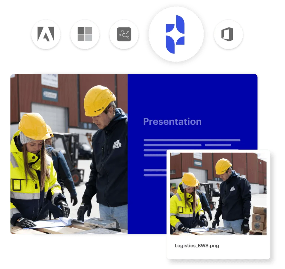 Integrations in Blue Water's Kontainer DAM solution highlight the Templafy integration. A picture in a presentation and pop's out from the presentation.