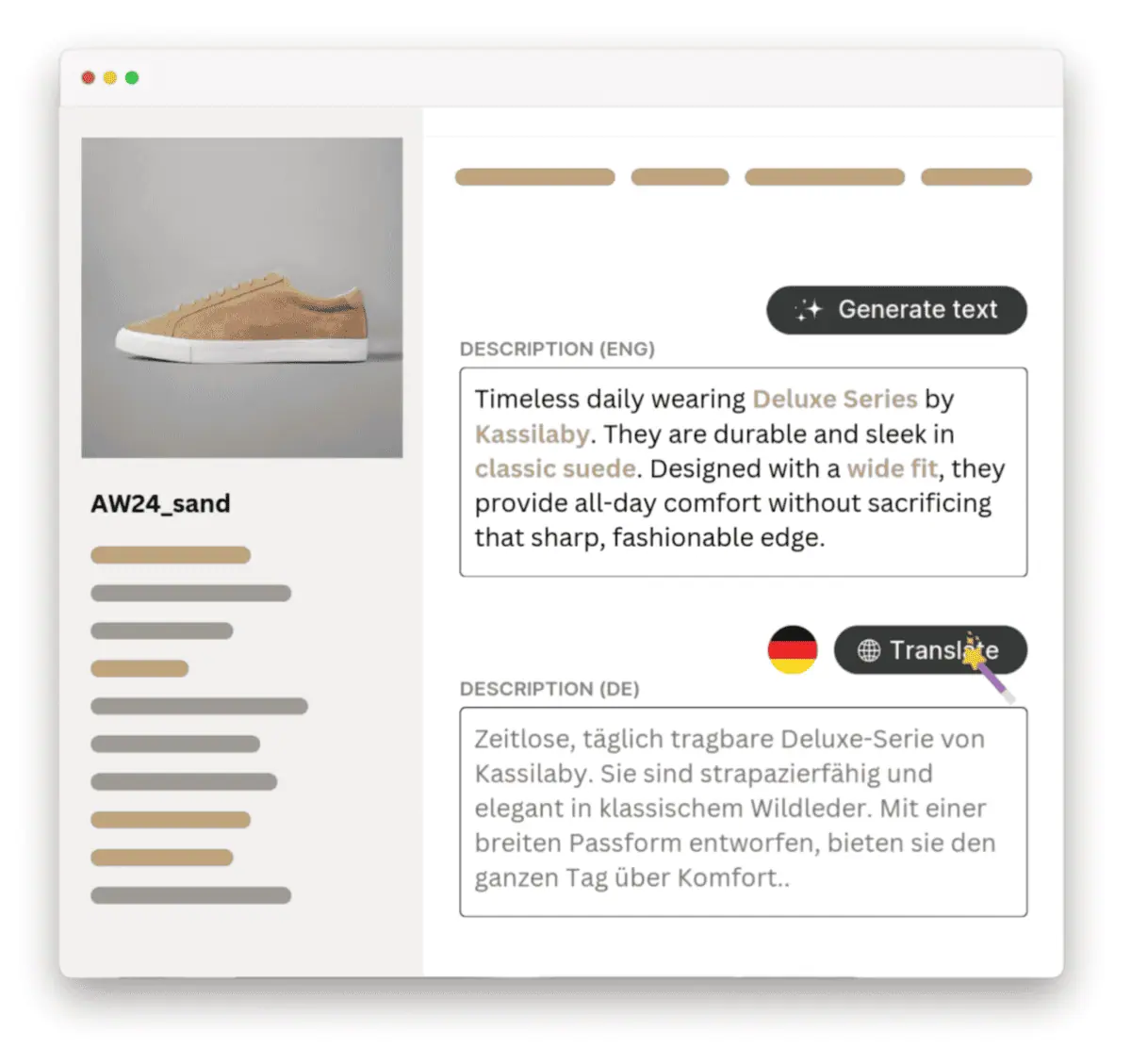 AI text generation in DAM and PIM