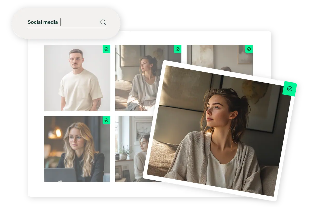 Images with tickbox icon indicating approved consent. One image popping out at an angle.