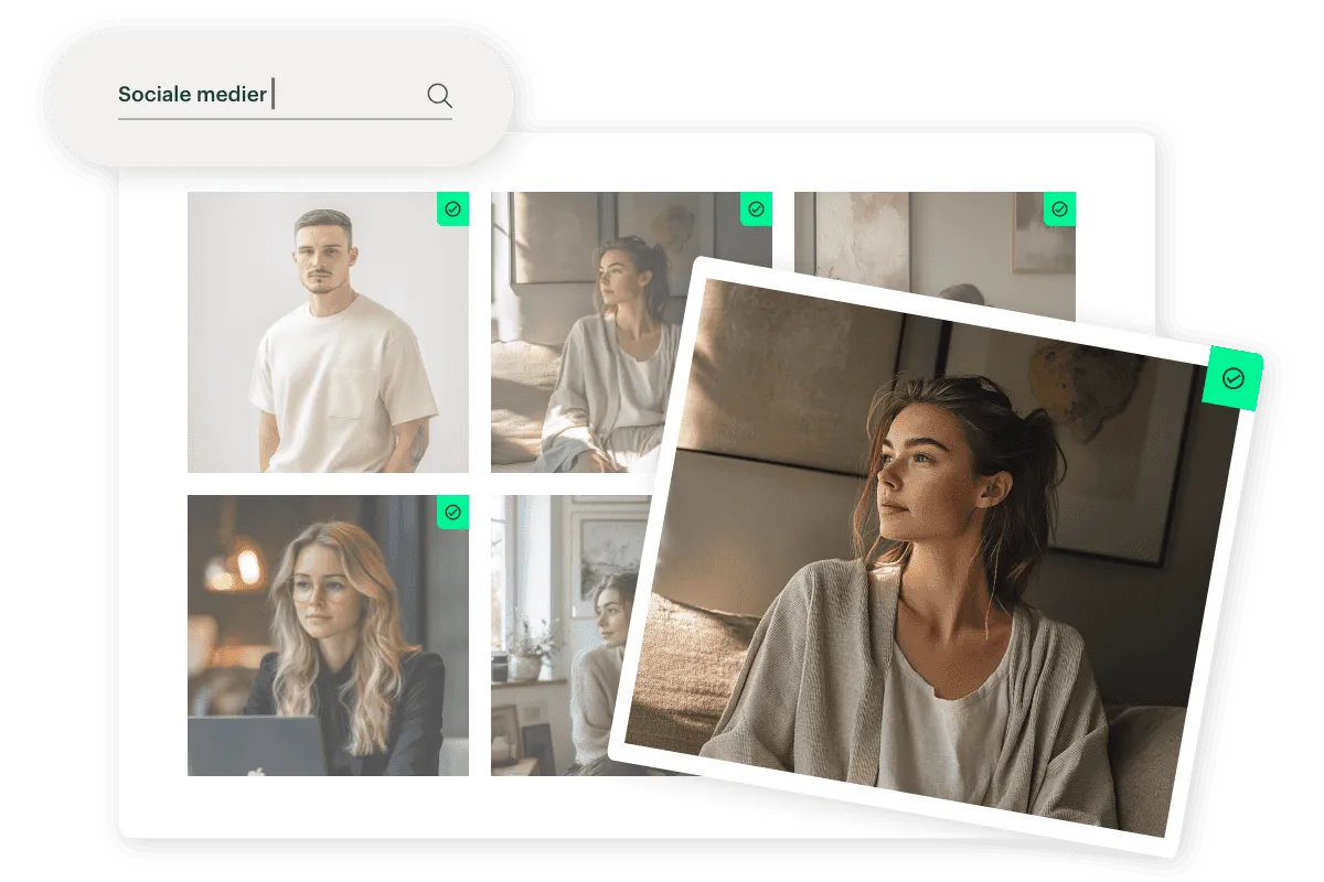 Billede af personer i forskellige indendørs omgivelser til social medie branding og marketing.