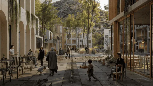 A rendering of a courtyard with people walking and sitting.