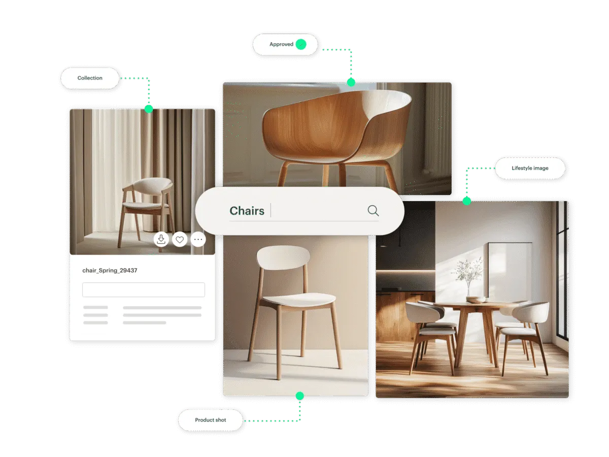 Kontainer Digital Asset Management_DAM_tag and search Fours images of chairs enriched with searchable data in Kontainer Digital Asset Management (DAM)