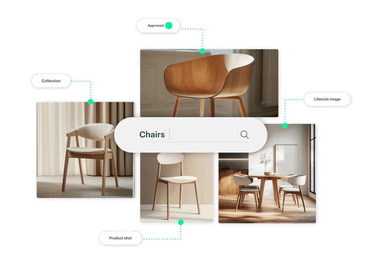Images of chairs tagged with data types in Kontainer DAM and a search field with the word 'chair'