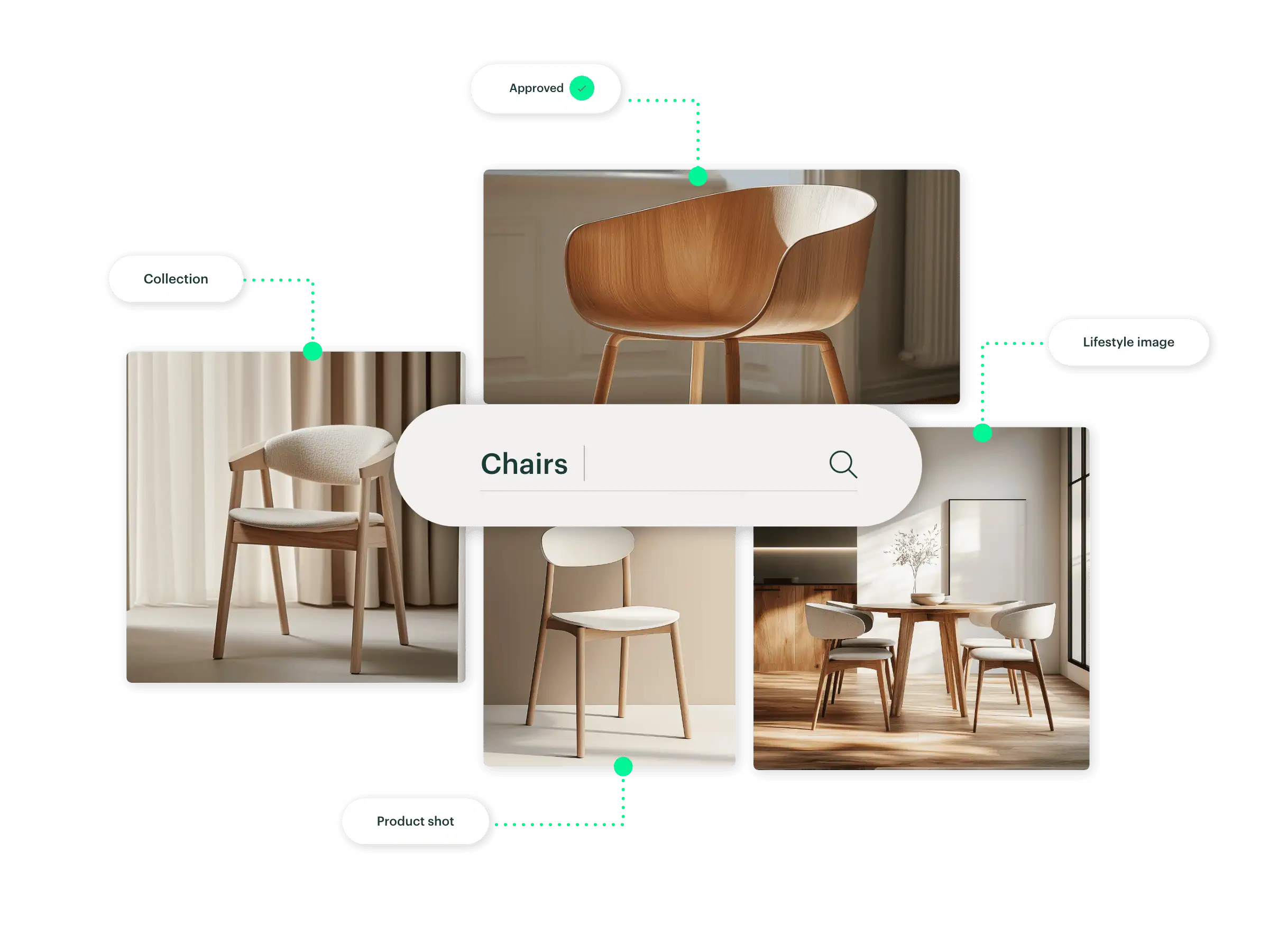 Images of chairs tagged with data types in Kontainer DAM and a search field with the word 'chair'