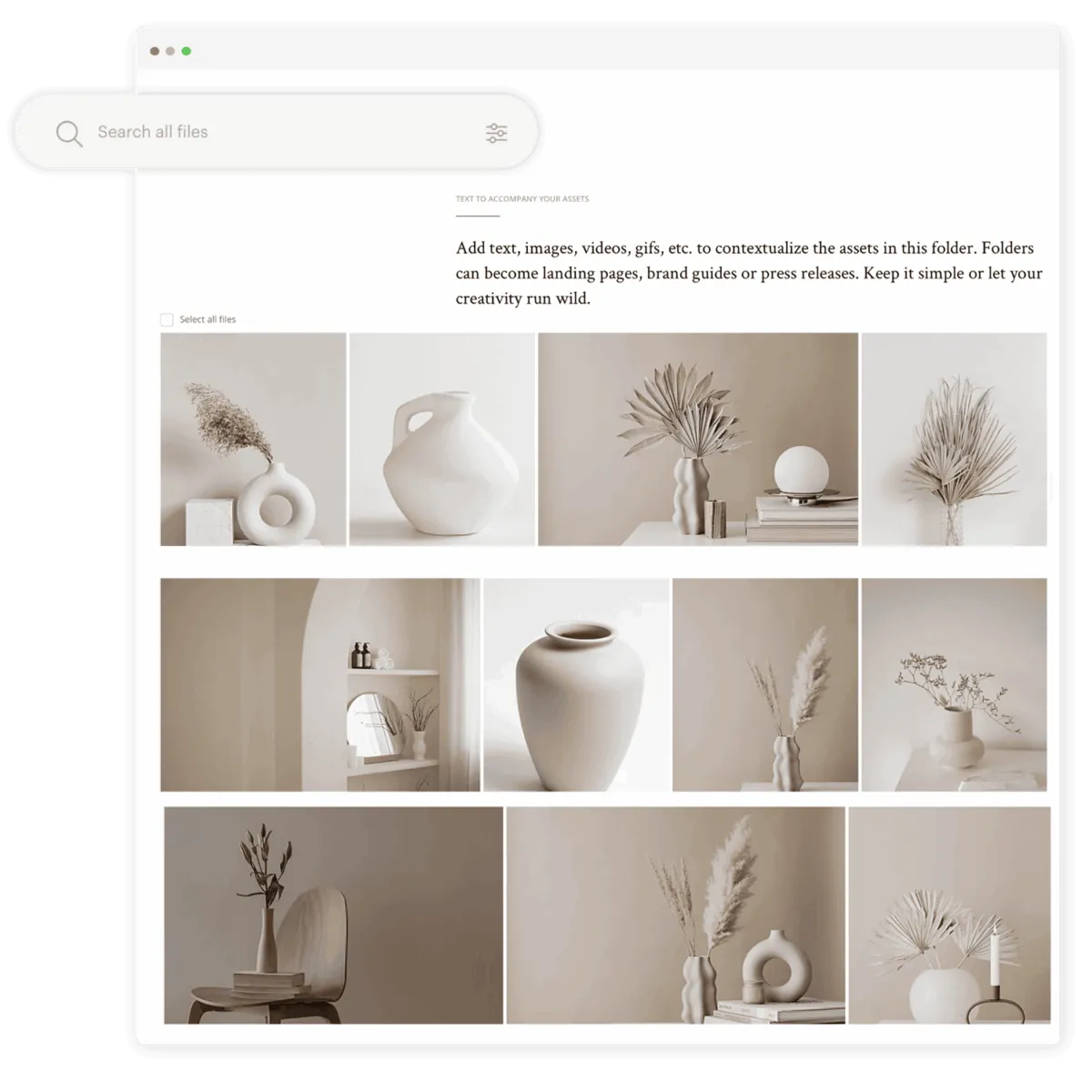 Kontainer-Digital-Asset-Management_DAM_User-friendly and elegant Overview of Kontainer DAM with images of vases and an accompanying header text with a pop-up search field.