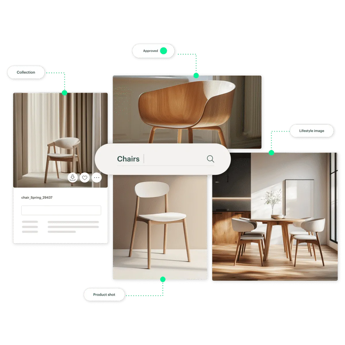 Kontainer-Digital-Asset-Management_DAM_search and tagging Images of chairs tagged with data types in Kontainer DAM and a search field with the word 'chair'