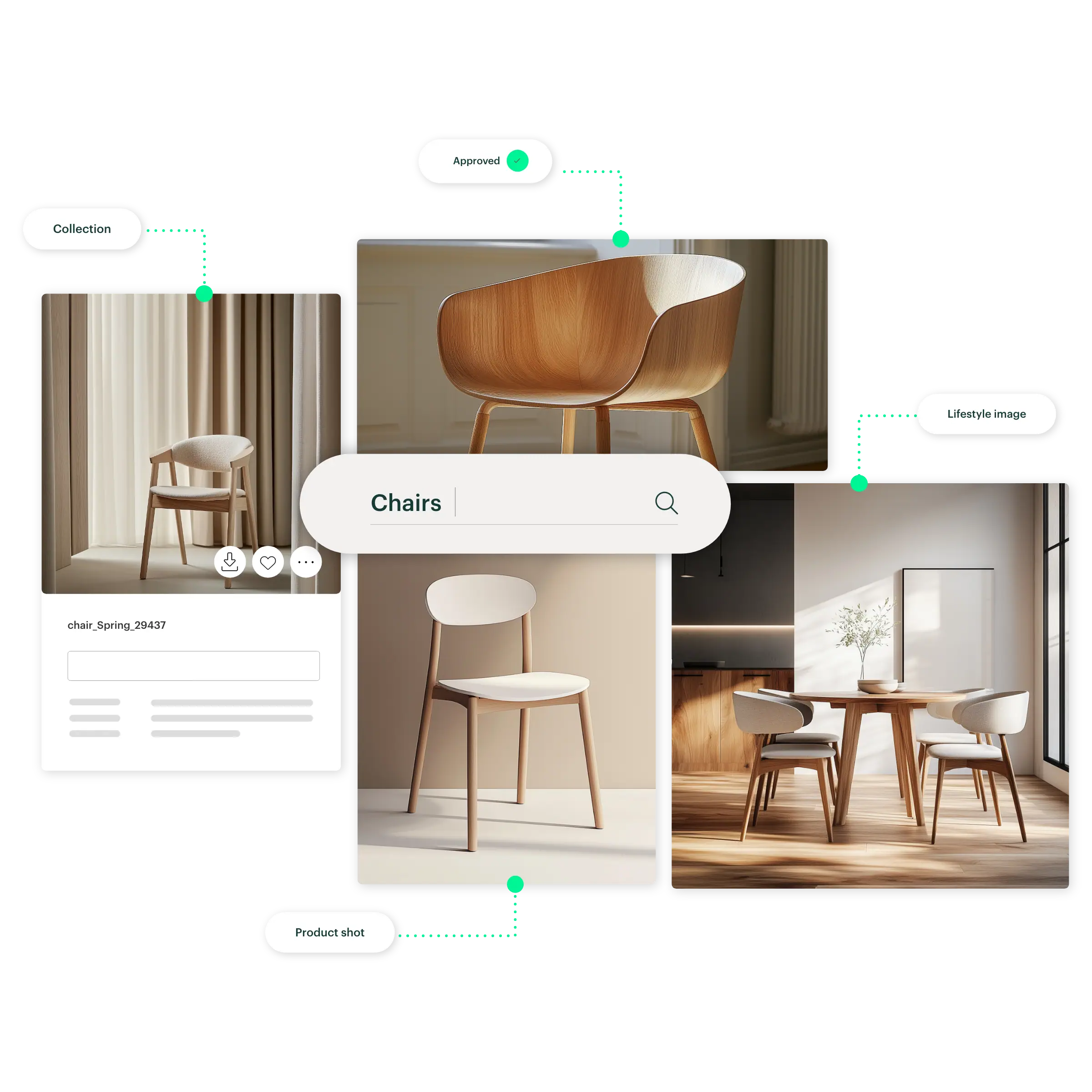 Images of chairs tagged with data types in Kontainer DAM and a search field with the word 'chair'