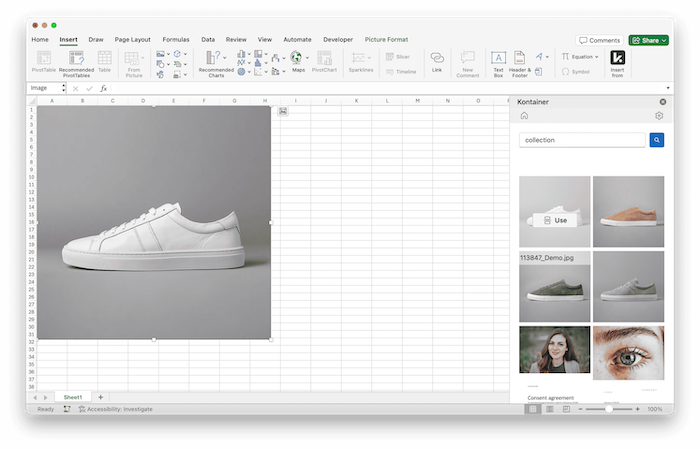 Integration between Kontainer and Microsoft Office 365 showing in Microsoft Excel