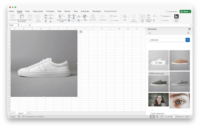 Integration between Kontainer and Microsoft Office 365 showing in Microsoft Excel