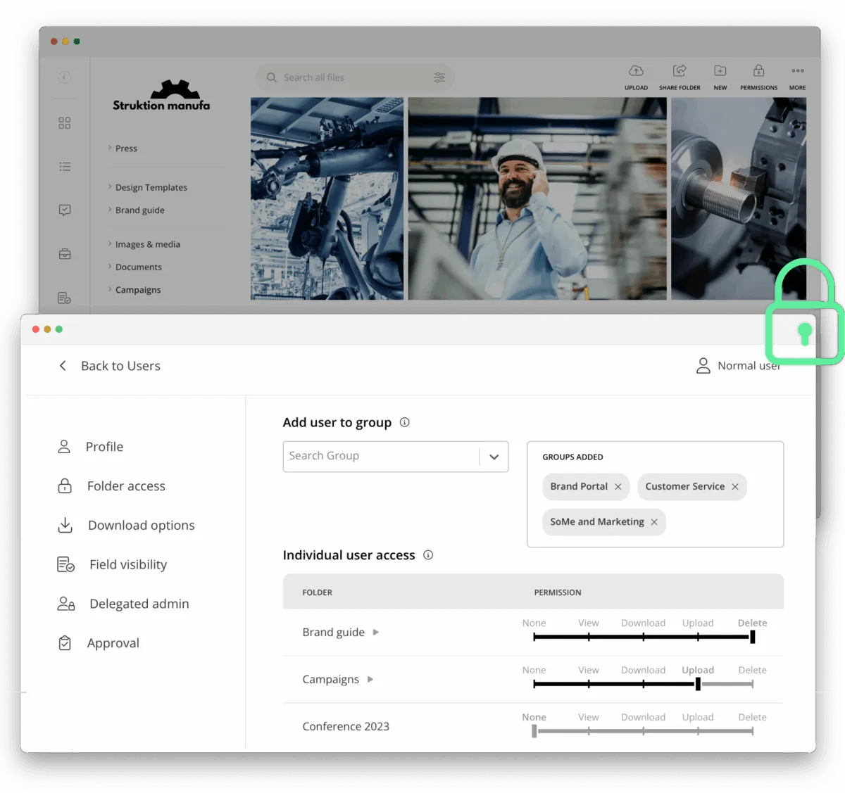 Managing folder access in Kontainer DAM for manufactoring