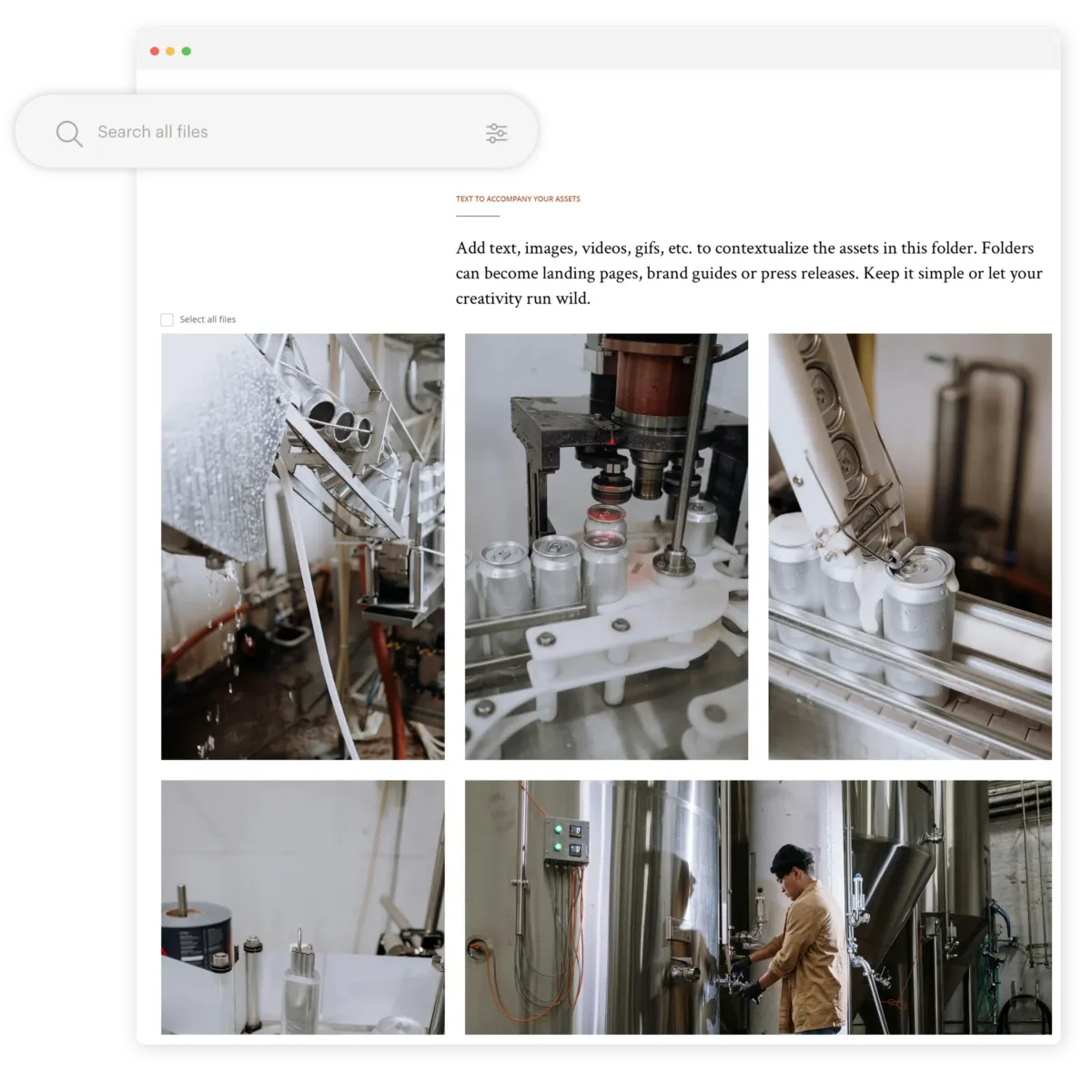 Kontainer open in browser window with an overview of images from a beer factory. The search bar pops out.