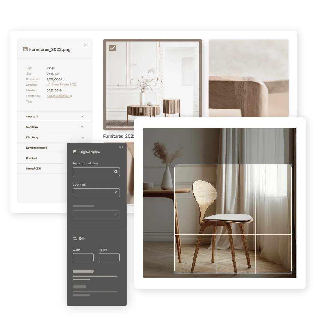 Interior design images in Kontainer DAM with associated data fields and information