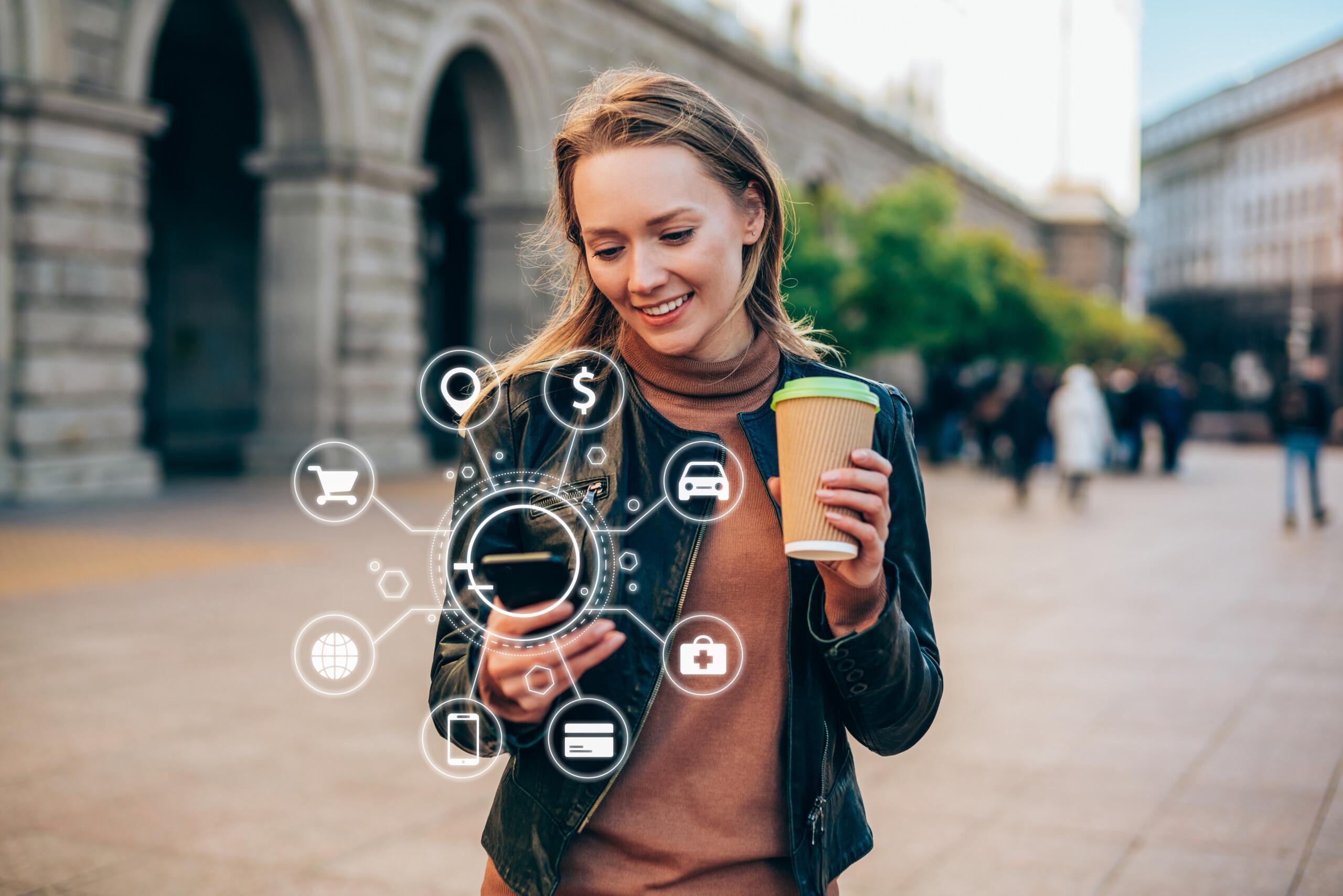 Young woman shopping with AI agent on the go