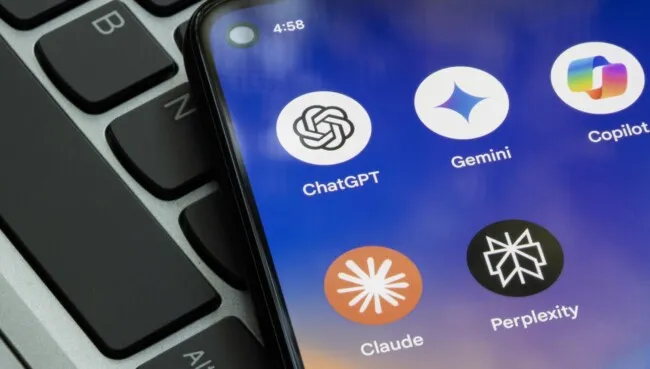 ChatGPT, Gemini, Microsoft Copilot, Claude, and Perplexity app icons are seen on a Google Pixel smartphone. AI competition concepts.