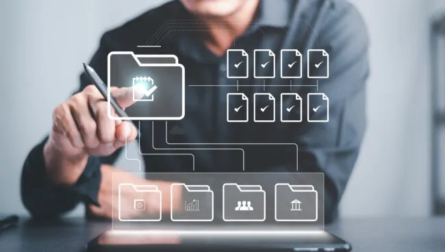 Businessman confirming file approval, illustrating Kontainer as a secure WeTransfer alternative