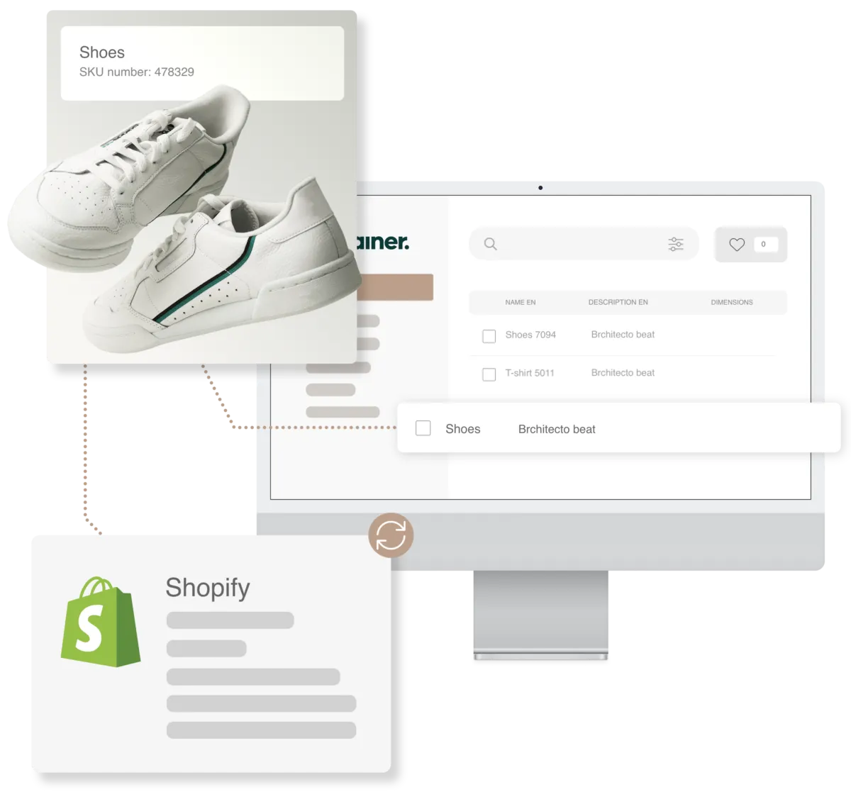 Data relating to a pair of trainers popping out from Kontainer PIM open on a screen, synchronizing to Shopify.