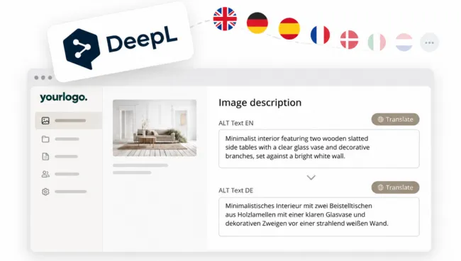 DeepL connected to Kontainer DAM, translating an image's English alt text into German with a Translate button, surrounded by language flags