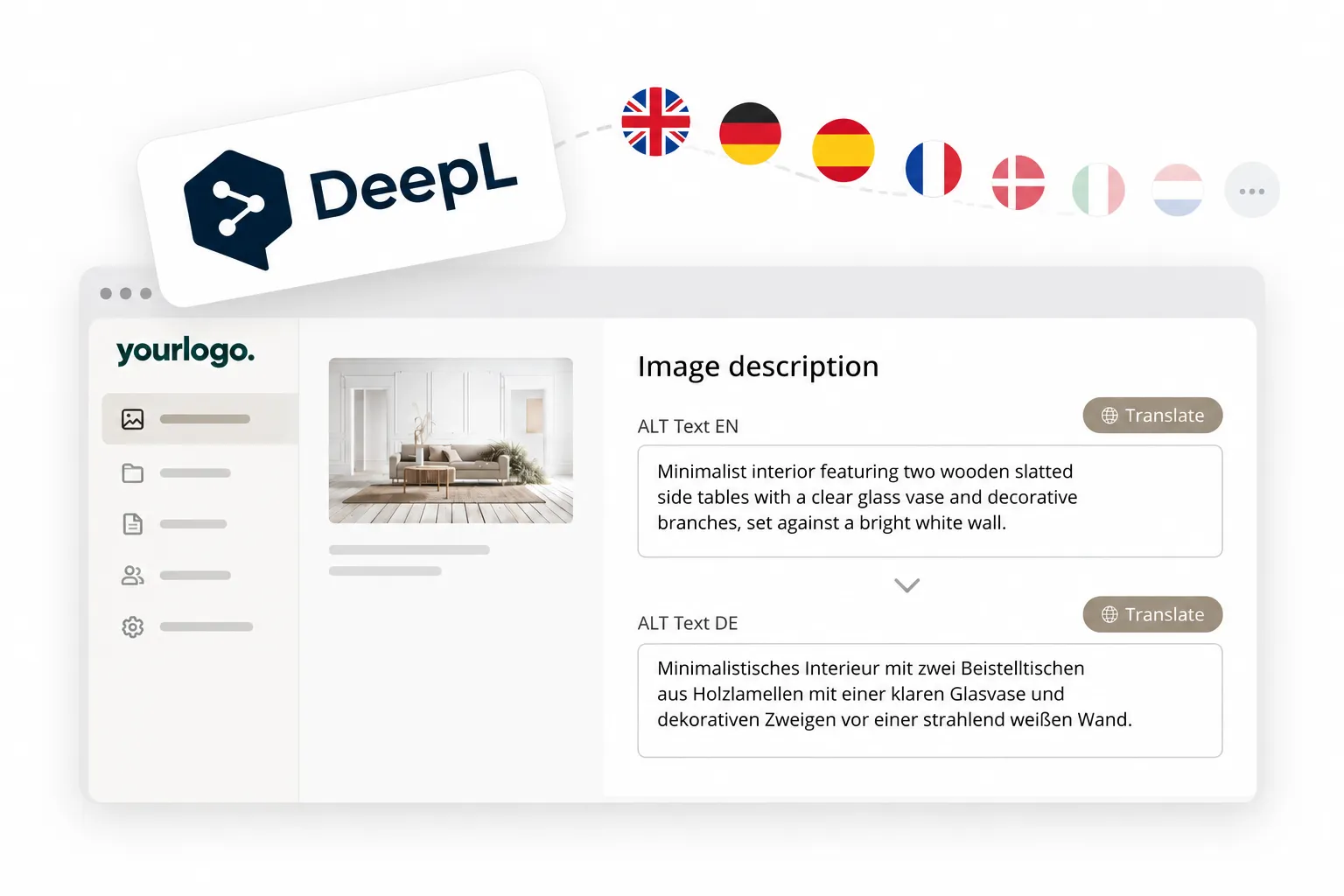 DeepL forbundet med Kontainer DAM, der oversætter et billedes engelske alt-tekst til tysk med en Oversæt-knap, omgivet af landeflag