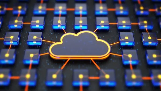 Glowing cloud at the centre of a grid of servers, connected by lines of light