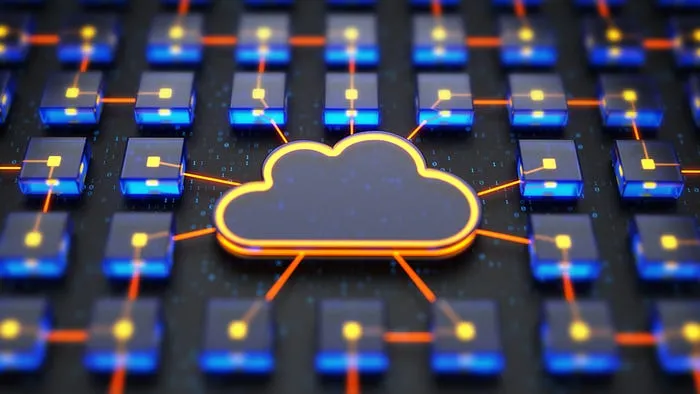 Glowing cloud at the centre of a grid of servers, connected by lines of light